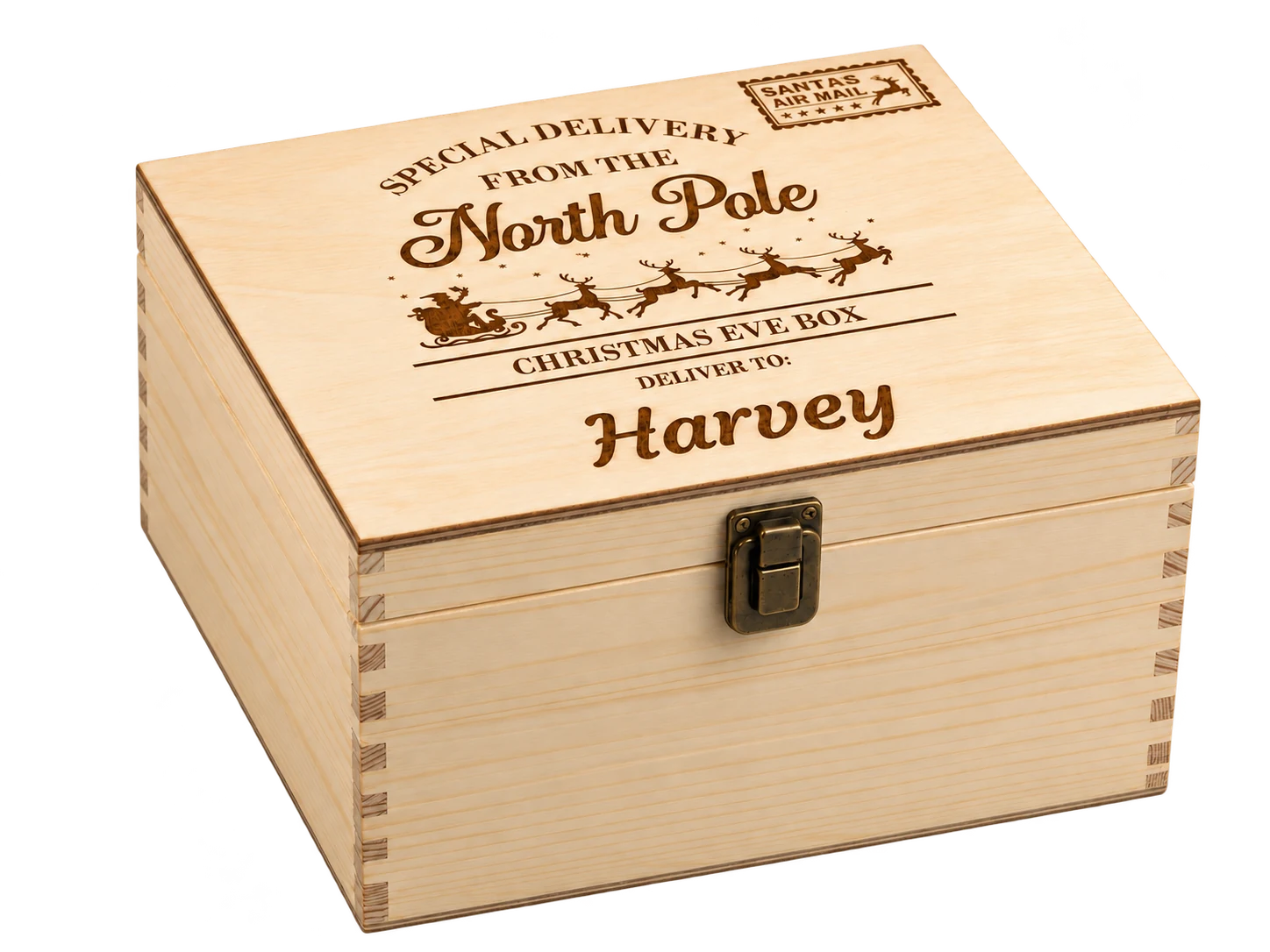Personalised wooden Christmas Eve box engraved with North Pole artwork and the name Harvey