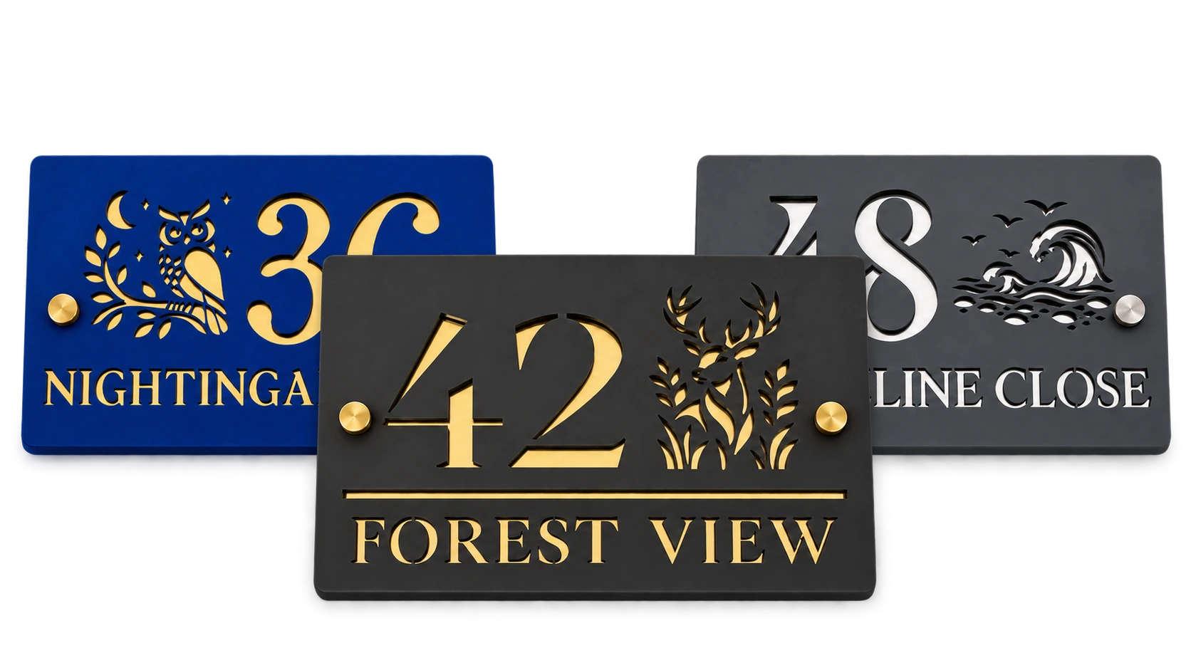 Three personalised acrylic house signs in graphite, blue and mineral grey