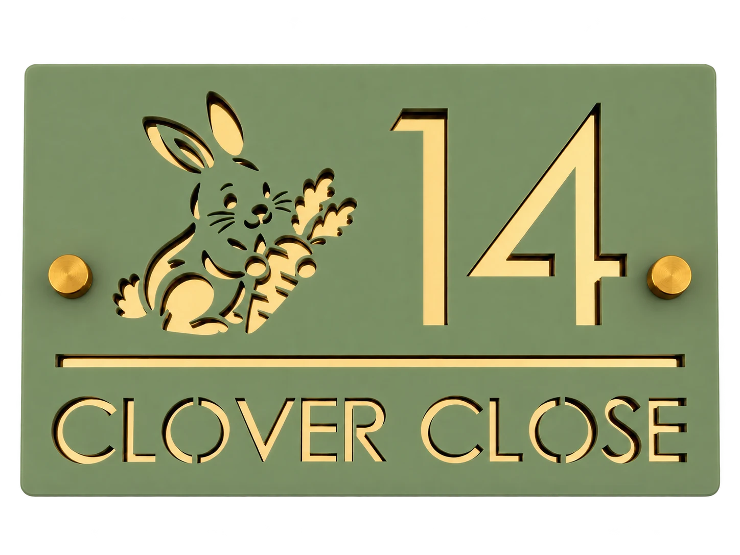 Sage green 14 Clover Close acrylic house sign with gold lettering and a rabbit design